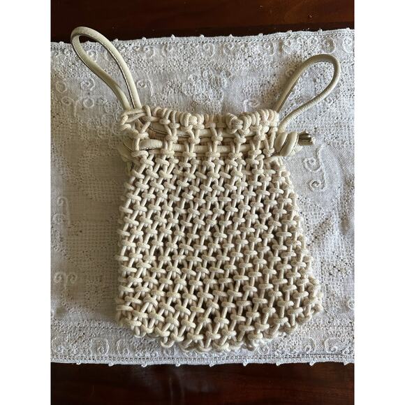 Clare V. Sandy Drawstring Clutch crocheted ivory cotton leather handles bag - Picture 8 of 16